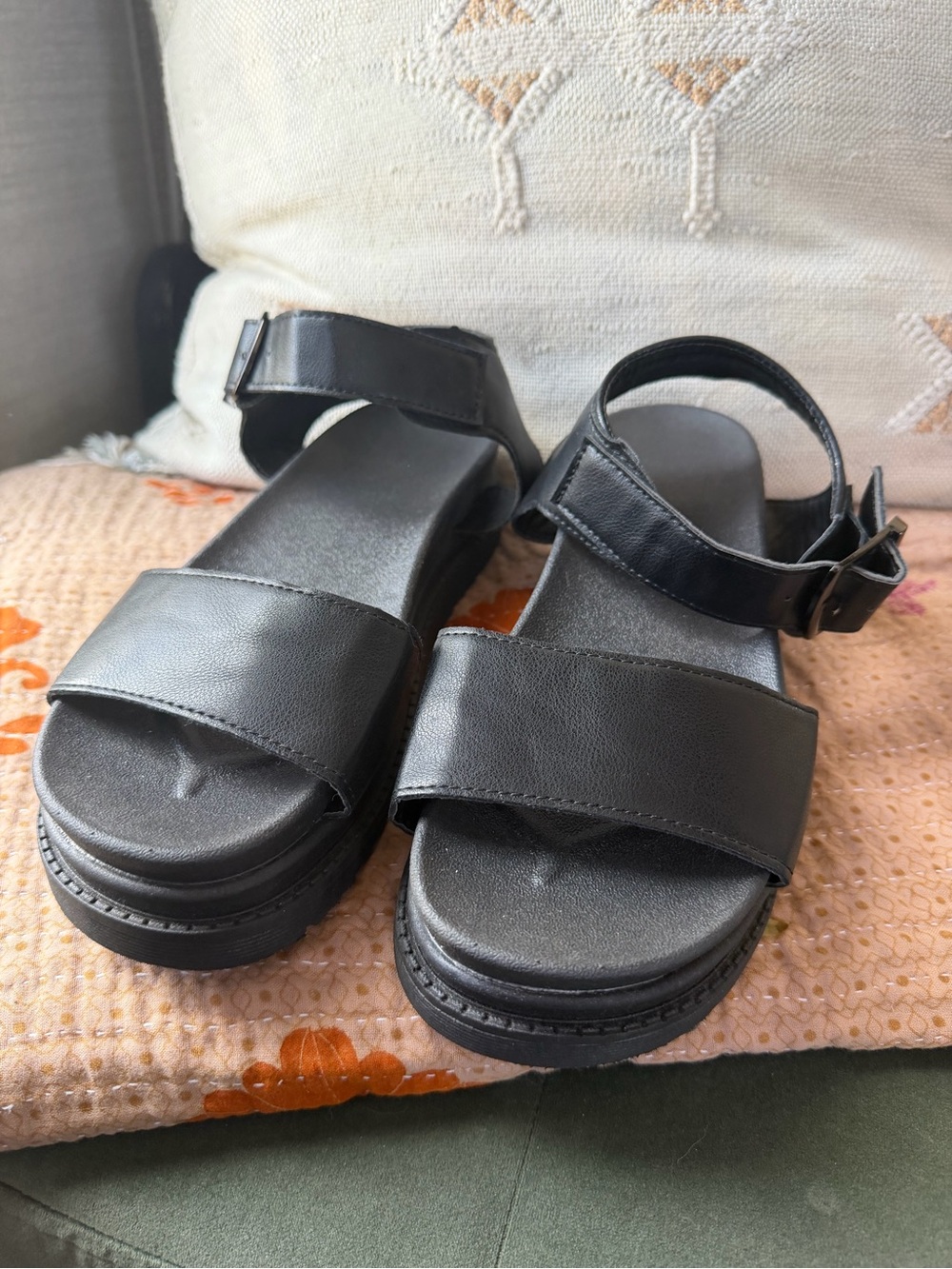 Black Platform Strap Sandals - Women